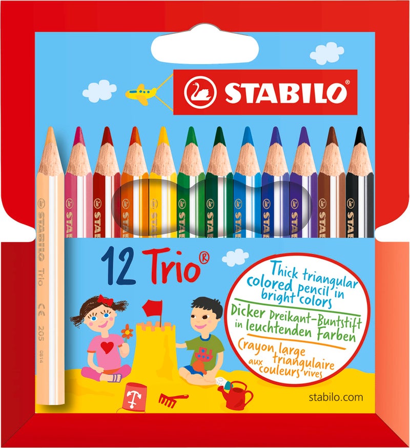 STABILO Triangular Coloring Pencil Trio thick short - Pack of 12 - Assorted Colors - Image 1